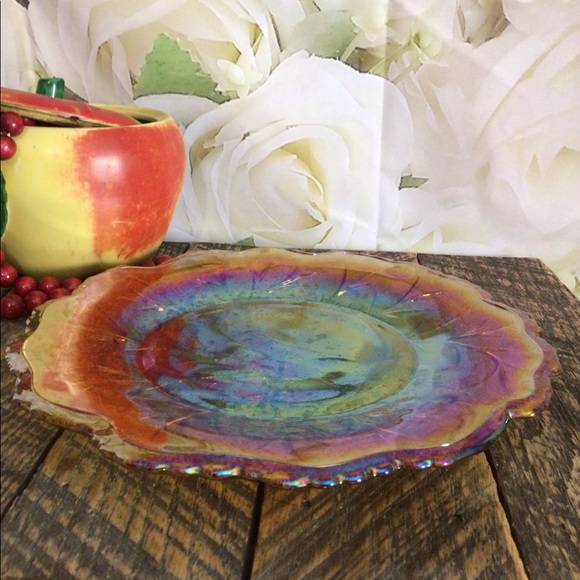 Vintage Indiana Glass Dining Vintage Amber Gold Carnival Glass Serving Plate Leaf Plate